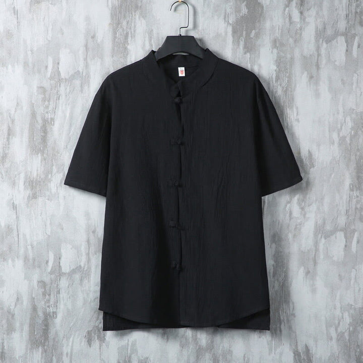 Buddha Stones Summer Plain Tang Suit Frog-Button Design Men's Short Sleeve Cotton Shirt - Black - US/UK/AU46,EU56 (5XL) - image 7