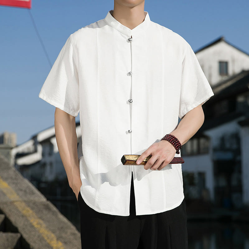Buddha Stones Summer Solid Color Front Button Design Men's Half Sleeve Cotton Shirt - White - US/UK/AU42,EU52 (3XL) - image 1