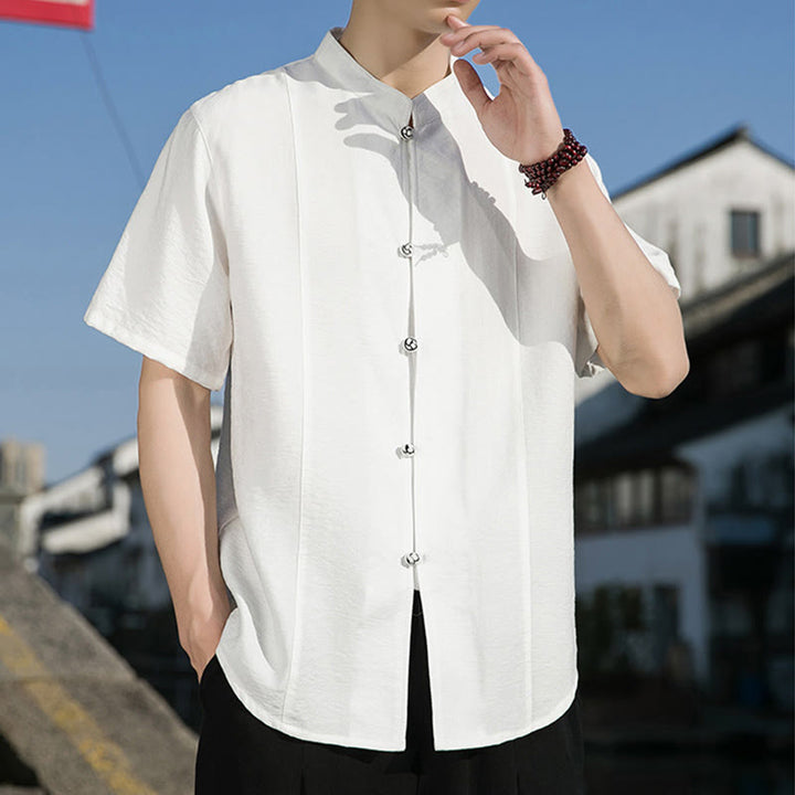 Buddha Stones Summer Solid Color Front Button Design Men's Half Sleeve Cotton Shirt - image 7