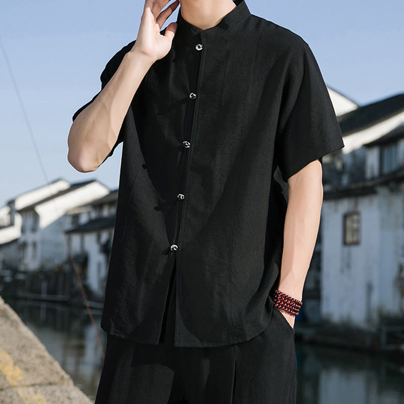 Buddha Stones Summer Solid Color Front Button Design Men's Half Sleeve Cotton Shirt - image 15