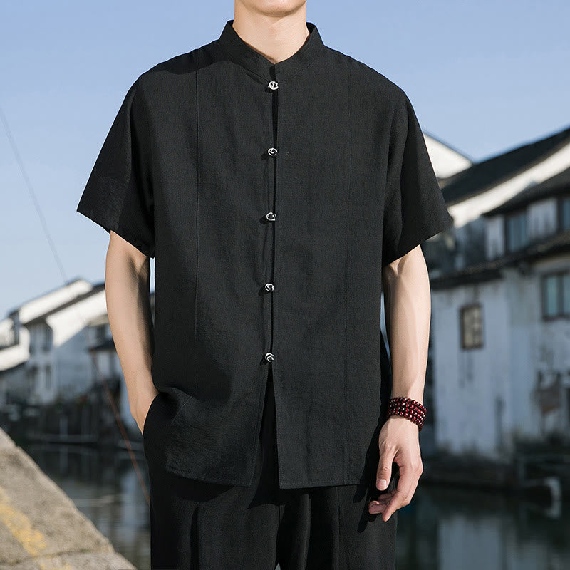 Buddha Stones Summer Solid Color Front Button Design Men's Half Sleeve Cotton Shirt - Black - US/UK/AU42,EU52 (3XL) - image 13