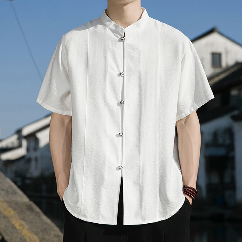 Buddha Stones Summer Solid Color Front Button Design Men's Half Sleeve Cotton Shirt - image 8
