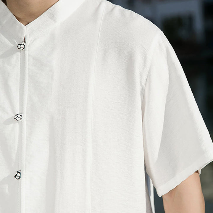 Buddha Stones Summer Solid Color Front Button Design Men's Half Sleeve Cotton Shirt - image 11