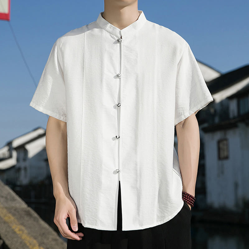 Buddha Stones Summer Solid Color Front Button Design Men's Half Sleeve Cotton Shirt - image 6