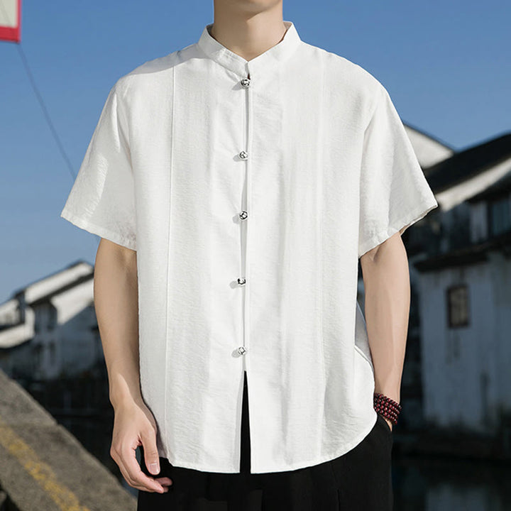 Buddha Stones Summer Solid Color Front Button Design Men's Half Sleeve Cotton Shirt - image 6