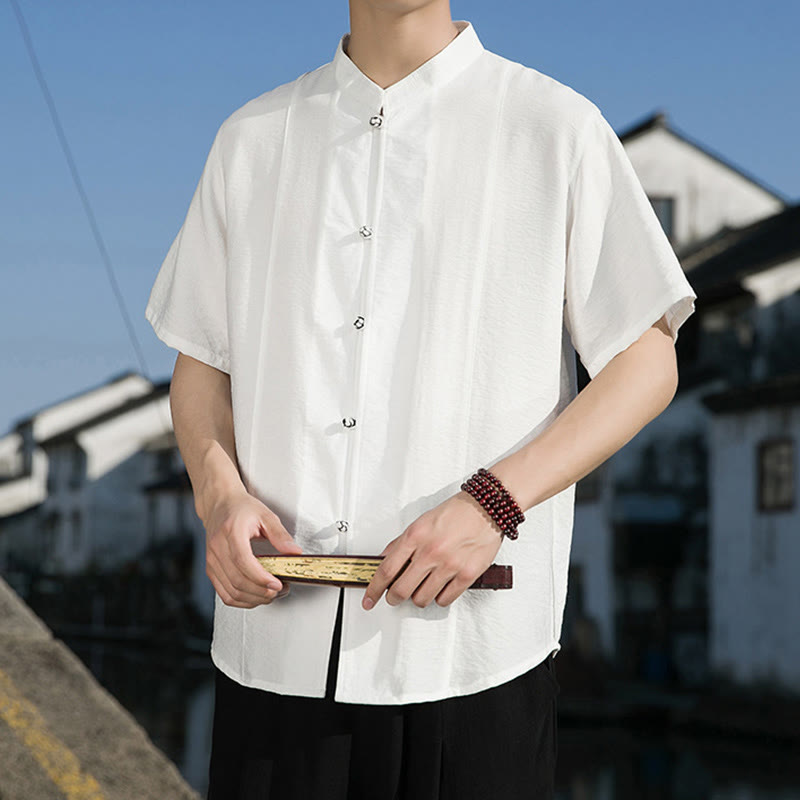 Buddha Stones Summer Solid Color Front Button Design Men's Half Sleeve Cotton Shirt - image 2