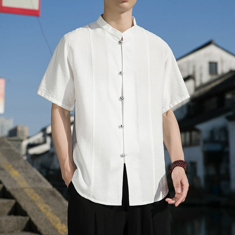 Buddha Stones Summer Solid Color Front Button Design Men's Half Sleeve Cotton Shirt - image 3