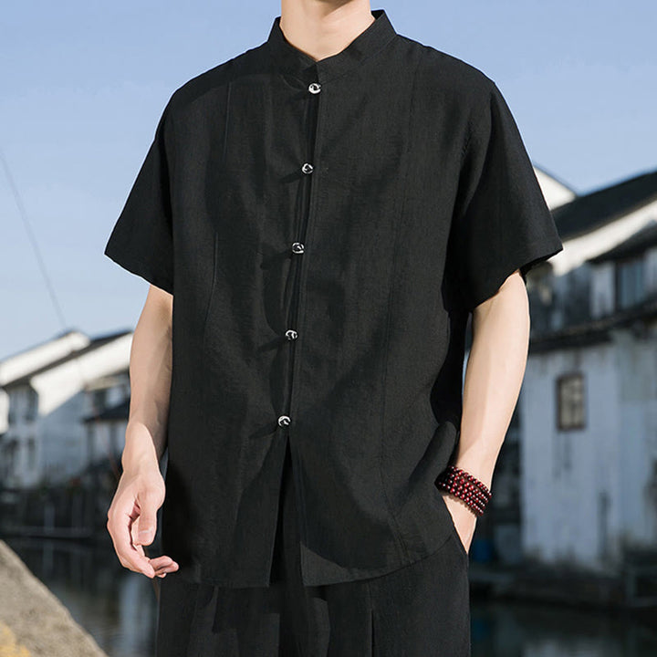 Buddha Stones Summer Solid Color Front Button Design Men's Half Sleeve Cotton Shirt - image 14