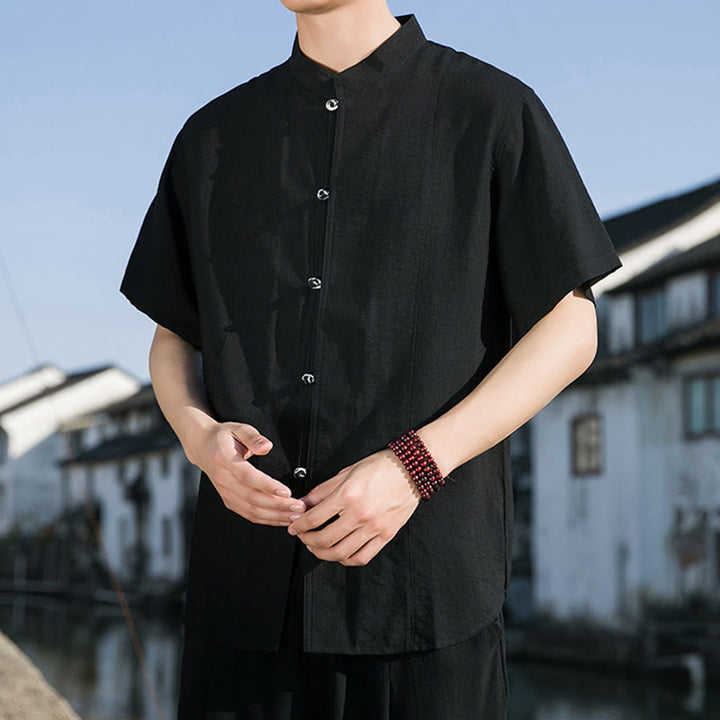 Buddha Stones Summer Solid Color Front Button Design Men's Half Sleeve Cotton Shirt - image 18