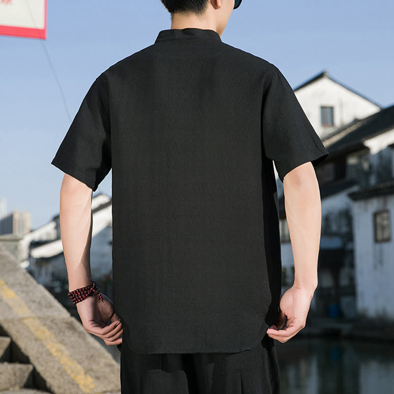 Buddha Stones Summer Solid Color Front Button Design Men's Half Sleeve Cotton Shirt - image 16