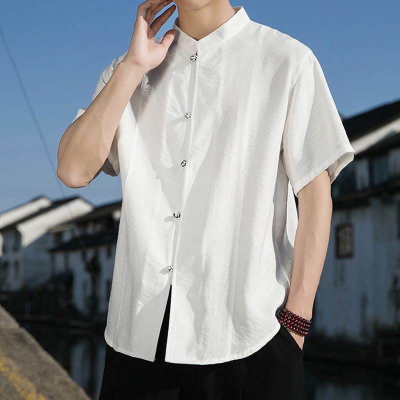Buddha Stones Summer Solid Color Front Button Design Men's Half Sleeve Cotton Shirt - image 5