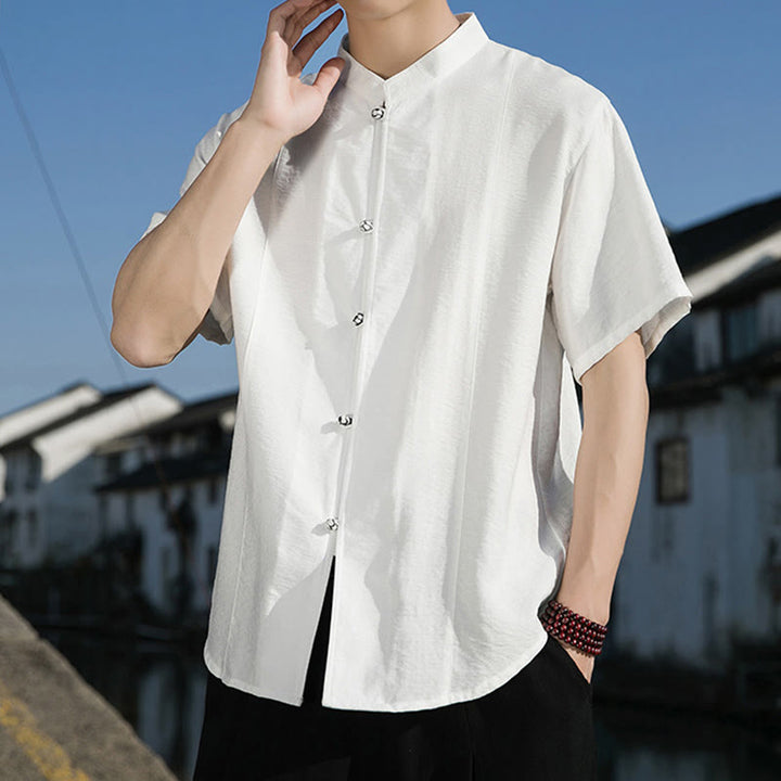 Buddha Stones Summer Solid Color Front Button Design Men's Half Sleeve Cotton Shirt - image 5
