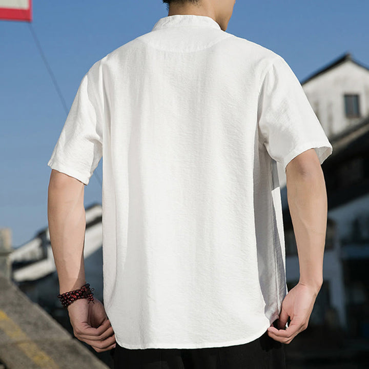 Buddha Stones Summer Solid Color Front Button Design Men's Half Sleeve Cotton Shirt - image 9