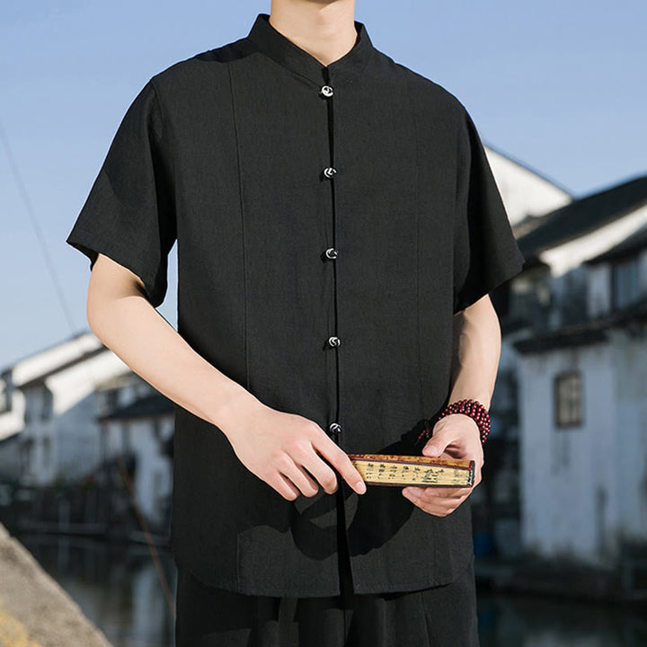 Buddha Stones Summer Solid Color Front Button Design Men's Half Sleeve Cotton Shirt - image 20