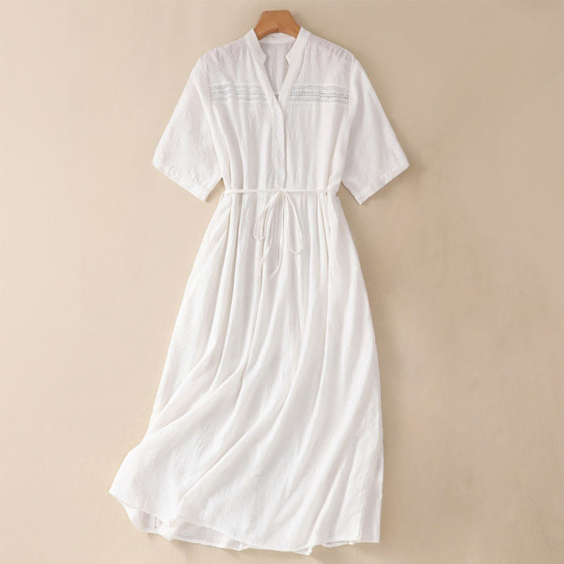 Buddha Stones Summer Plain Hollow Jacquard Design Cotton Short Sleeve Midi Dress With Pockets - White - US8-10,UK/AU12-14,EU40-42 (2XL) - image 0