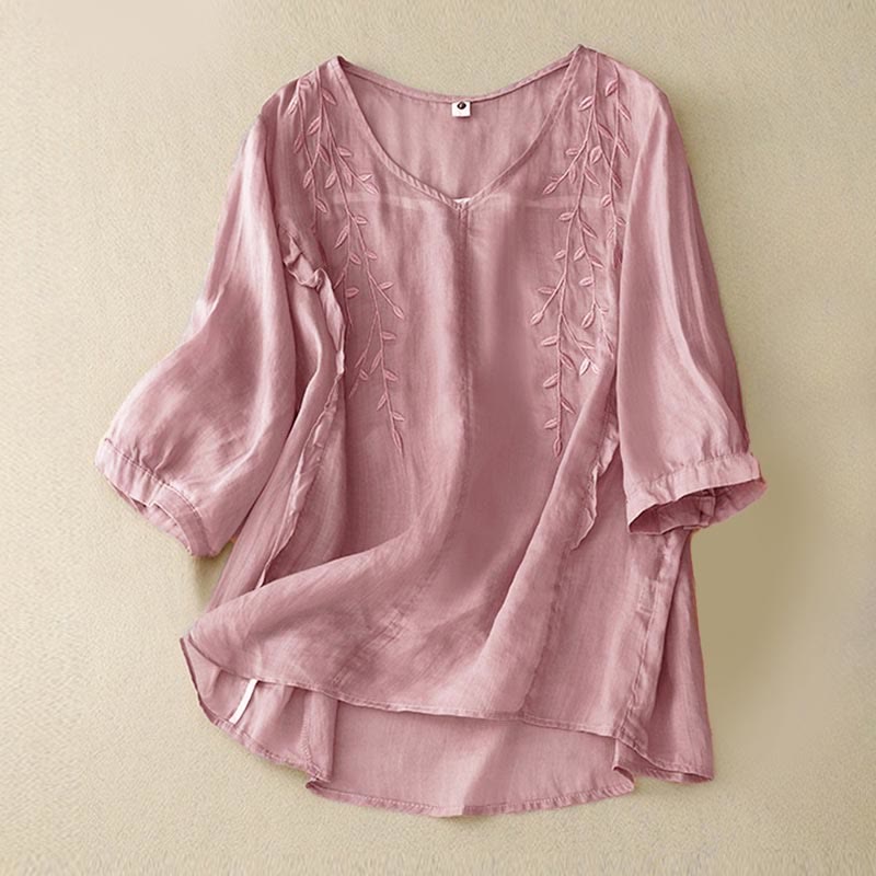 Buddha Stones Casual Plain Embroidery Willow Leaf Half Sleeve V-neck Women's Shirt - RosyBrown - US8-10,UK/AU12-14,EU40-42 (2XL) - image 0