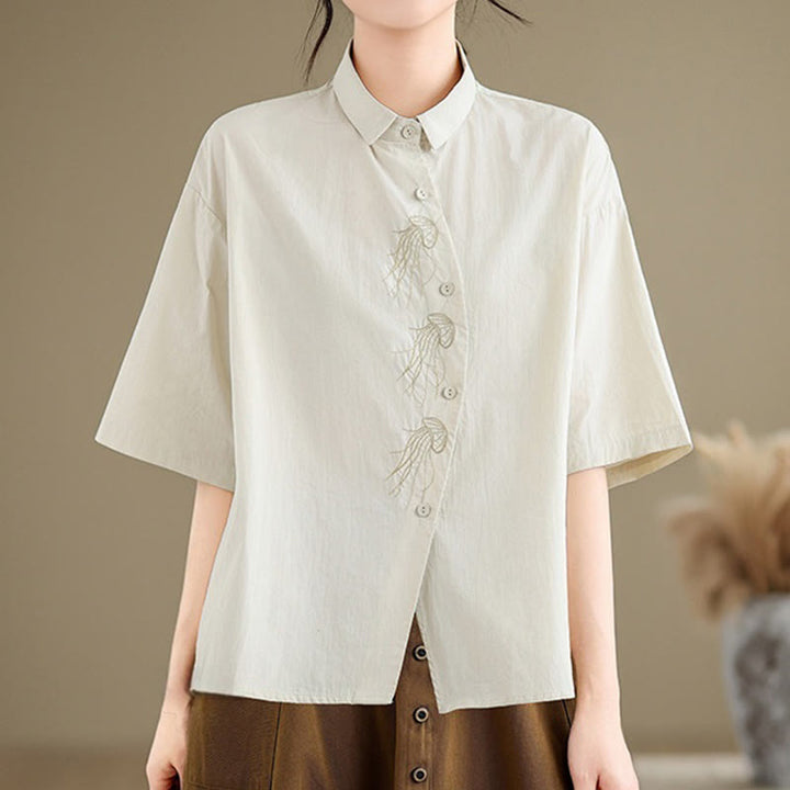 Buddha Stones Casual Women's Embroidered Jellyfish Pattern Stand Collar Buttons Design Half Sleeve Cotton Shirt - Beige - US14,UK/AU18,EU46 (2XL) - image 1