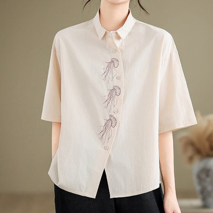 Buddha Stones Casual Women's Embroidered Jellyfish Pattern Stand Collar Buttons Design Half Sleeve Cotton Shirt - LavenderBlush - US14,UK/AU18,EU46 (2XL) - image 7