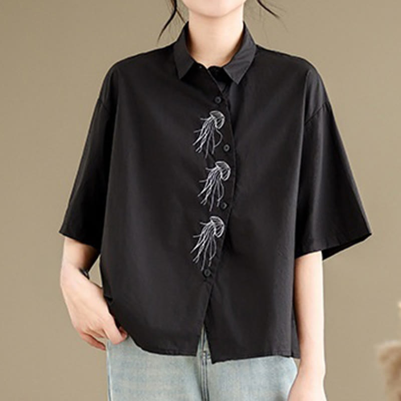 Buddha Stones Casual Women's Embroidered Jellyfish Pattern Stand Collar Buttons Design Half Sleeve Cotton Shirt - Black - US14,UK/AU18,EU46 (2XL) - image 17