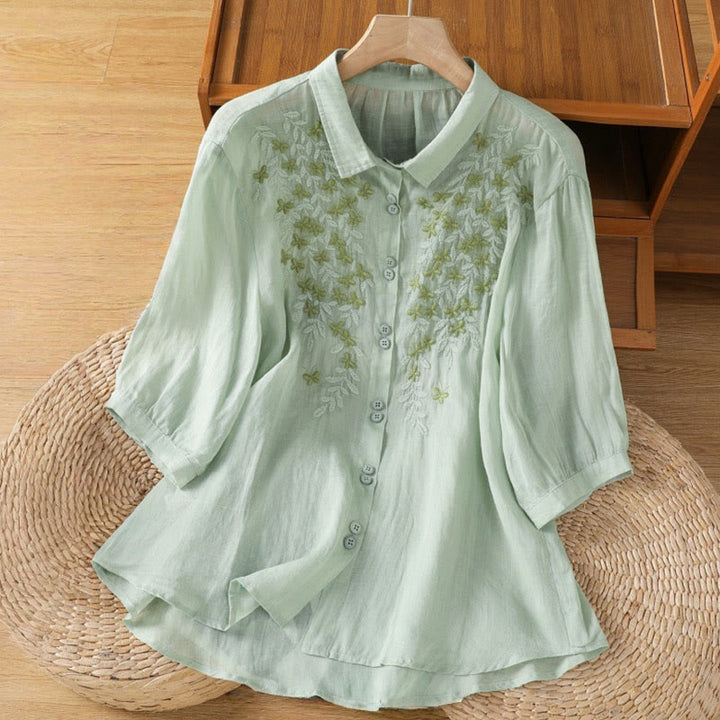 Buddha Stones Casual Plant Embroidery Stand Collar Women's Cotton Blend Three Quarter Sleeve Shirt - Aquamarine - US8-10,UK/AU12-14,EU40-42 (2XL) - image 1