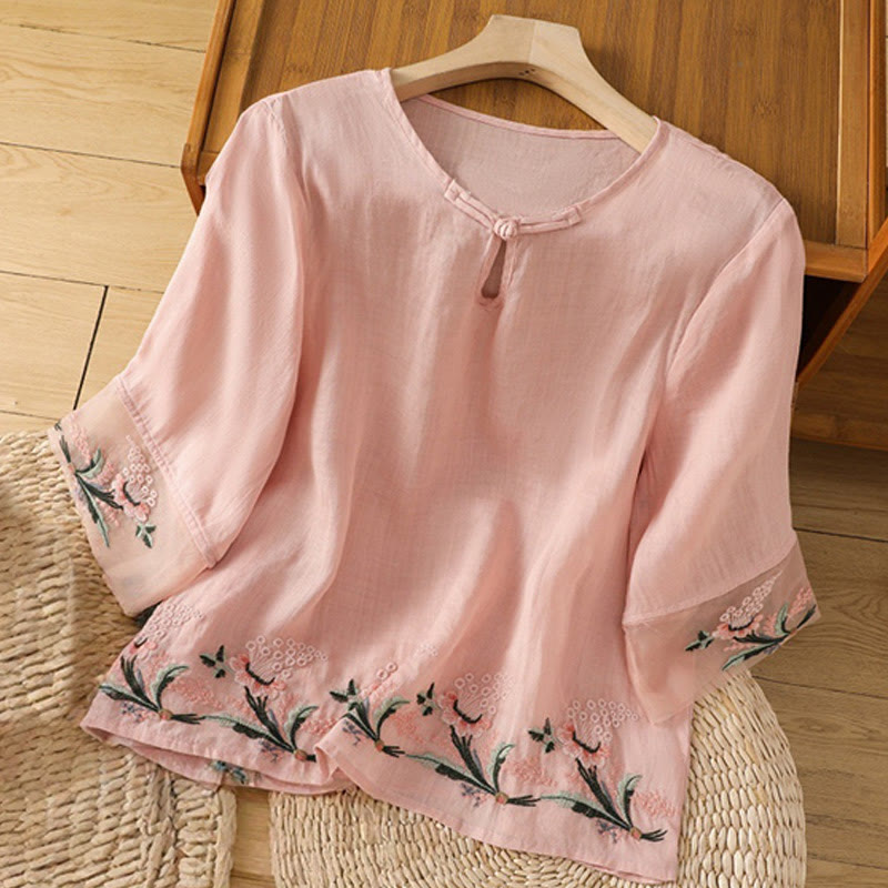 Buddha Stones Casual Floral Embroidery Crew Neck Women's Frog-Button Polyester Half Sleeve Shirt - Pink - US8-10,UK/AU12-14,EU40-42 (2XL) - image 22