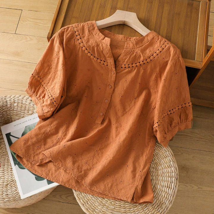 Buddha Stones Casual Plain Hollow Notched Women's Cotton Linen Half Sleeve Shirt - DarkOrange - US8-10,UK/AU12-14,EU40-42 (2XL) - image 0