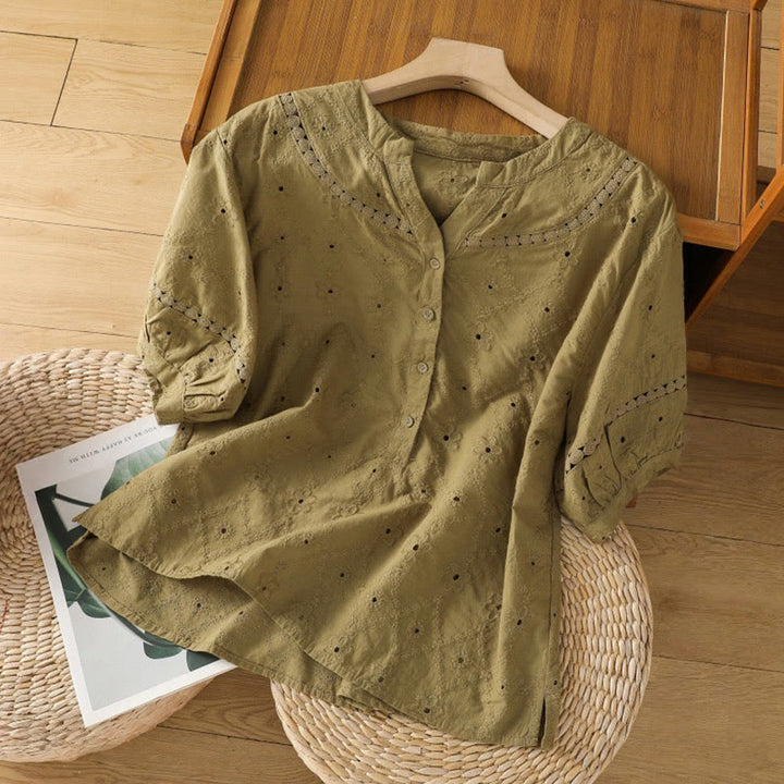 Buddha Stones Casual Plain Hollow Notched Women's Cotton Linen Half Sleeve Shirt - DarkKhaki - US8-10,UK/AU12-14,EU40-42 (2XL) - image 16