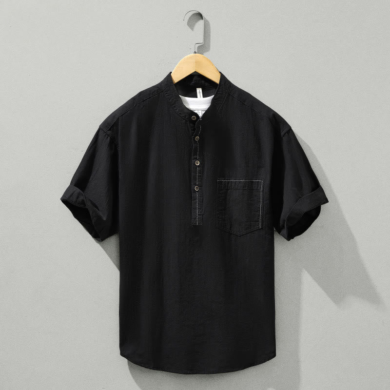 Buddha Stones Summer Solid Men's Half Button Short Sleeve Cotton Shirt - Black - US/UK/AU42,EU52 (3XL) - image 11