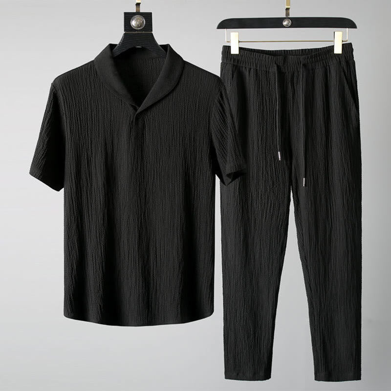 Buddha Stones 2Pcs Solid Color Wrinkle V-Neck Short Sleeve T-shirt Pants Clothing Men's Set - Black - US/UK/AU46,EU56 (5XL) - image 0