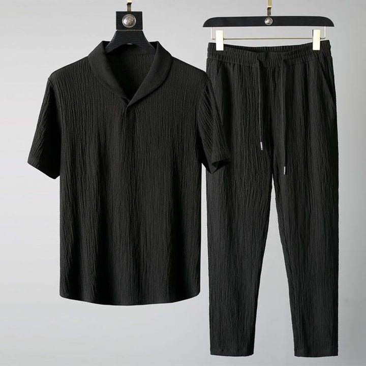 Buddha Stones 2Pcs Solid Color Wrinkle V-Neck Short Sleeve T-shirt Pants Clothing Men's Set - Black - US/UK/AU46,EU56 (5XL) - image 0