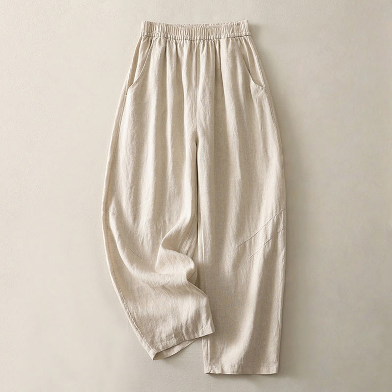Buddha Stones Summer Daily Solid Color Elastic Waistband Design Women's Wide Leg Cotton Linen Pants With Pockets - Beige - US8-10,UK/AU12-14,EU40-42 (2XL) - image 0