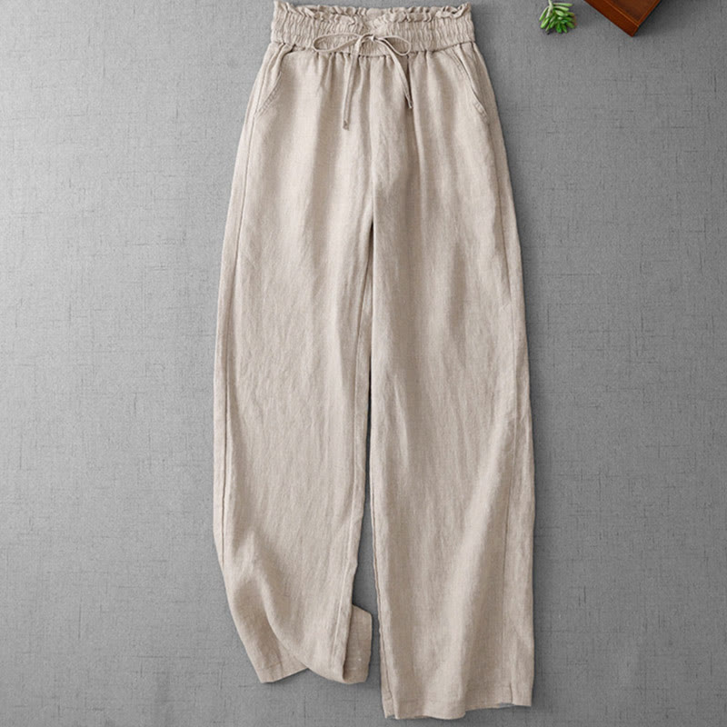 Buddha Stones Casual High Waist Ruffled Drawstring Design Women's Wide Leg Cotton Pants With Pockets - Linen - US12,UK/AU16,EU44 (2XL) - image 0