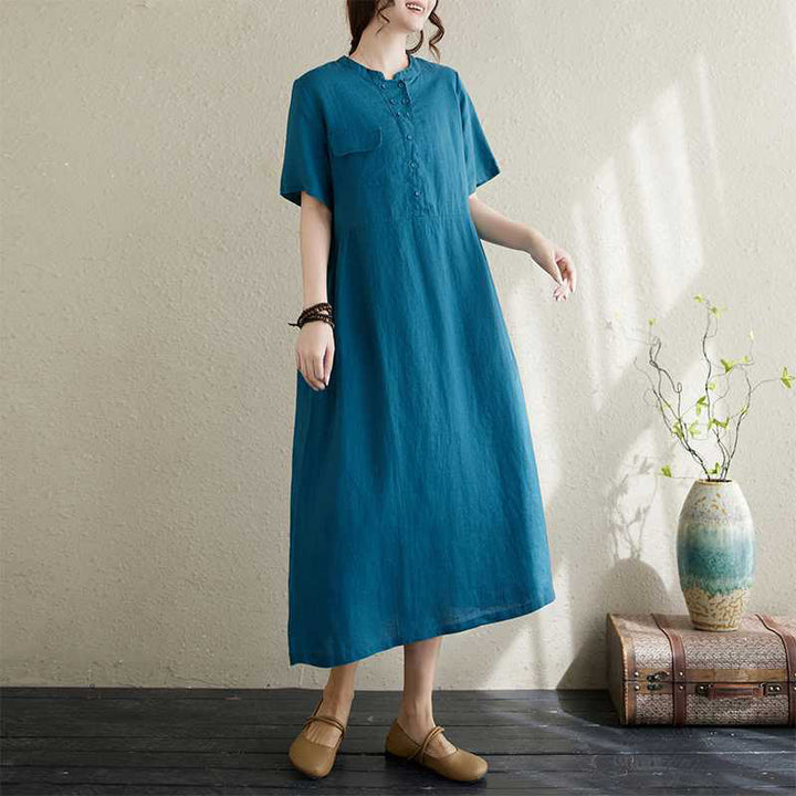 Buddha Stones Stand Collar Buttons Design Linen Short Sleeve Midi Dress With Pockets - DodgerBlue - US8-10,UK/AU12-14,EU40-42 (2XL) - image 16