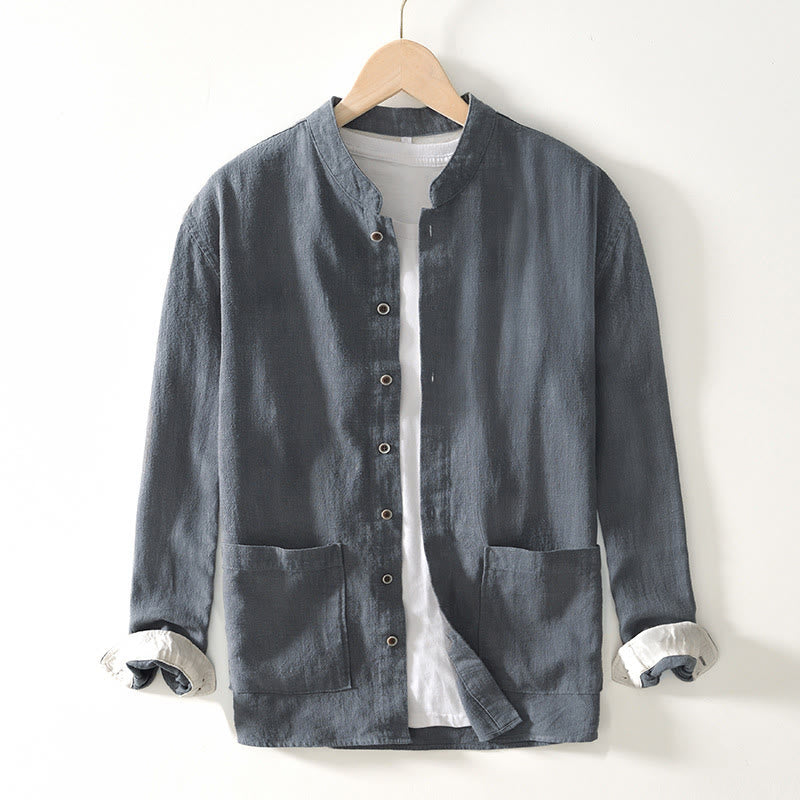 Buddha Stones Solid Color Men's Buttons Long Sleeve Cotton Linen Shirt With Pockets - LightSlateGray - US/UK/AU42,EU52 (3XL) - image 16