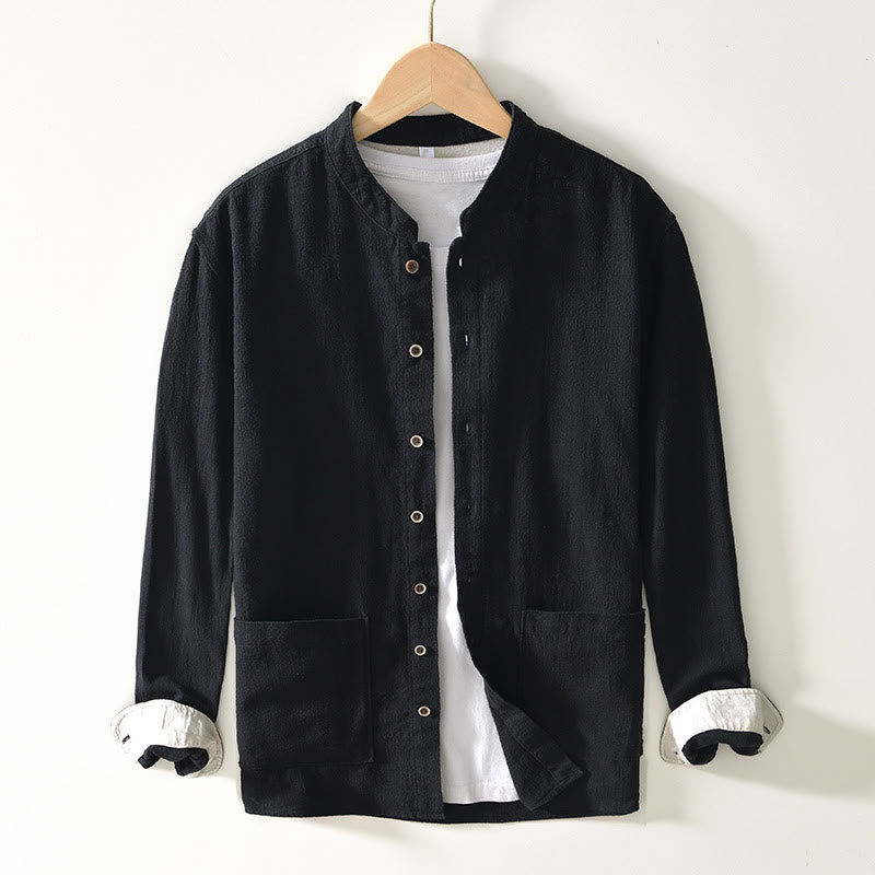 Buddha Stones Solid Color Men's Buttons Long Sleeve Cotton Linen Shirt With Pockets - Black - US/UK/AU42,EU52 (3XL) - image 7