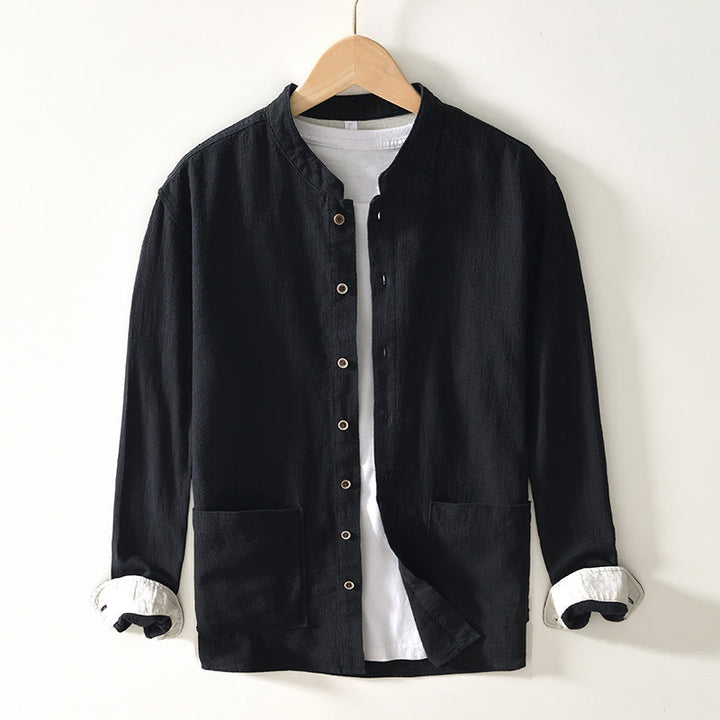 Buddha Stones Solid Color Men's Buttons Long Sleeve Cotton Linen Shirt With Pockets - Black - US/UK/AU42,EU52 (3XL) - image 7