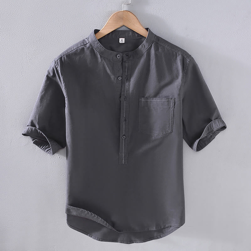 Buddha Stones Spring Pure Color Half Buttons Design Stand Collar Men's Short Sleeve Linen Shirt With Pocket - SlateGray - US/UK/AU42,EU52 (3XL) - image 1