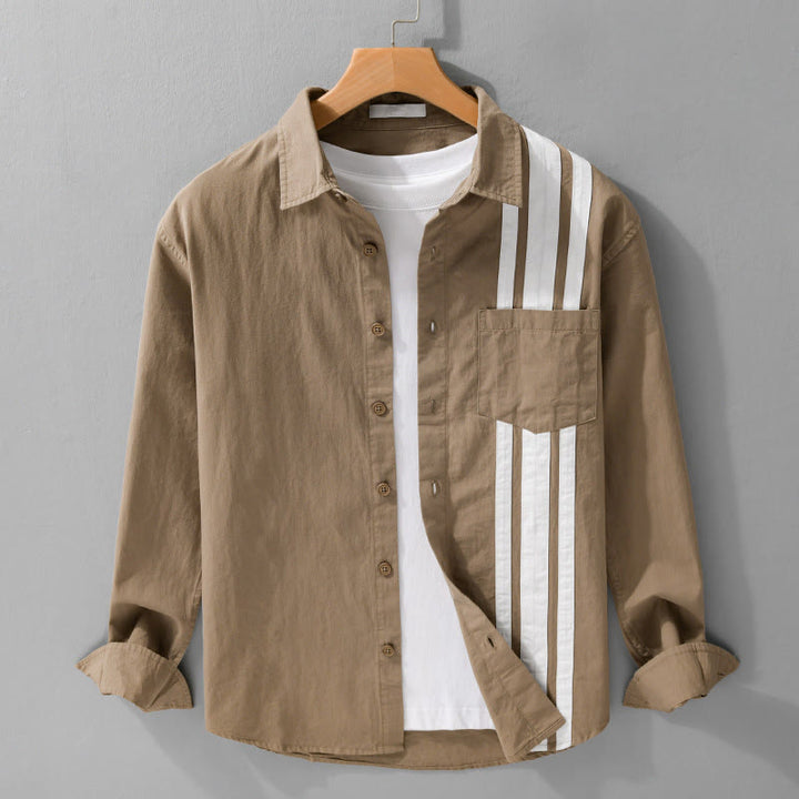 Buddha Stones Fall Lapel Color Contrast Patchwork Design Men's Long Sleeve Cotton Shirt With Pocket - Peru - US/UK/AU42,EU52 (3XL) - image 9