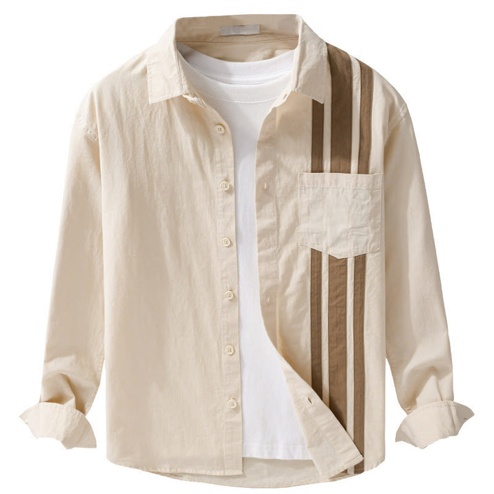 Buddha Stones Fall Lapel Color Contrast Patchwork Design Men's Long Sleeve Cotton Shirt With Pocket - image 8