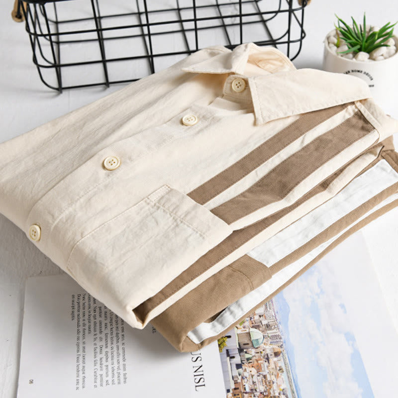 Buddha Stones Fall Lapel Color Contrast Patchwork Design Men's Long Sleeve Cotton Shirt With Pocket - image 15