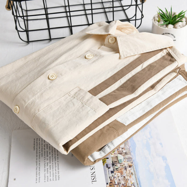 Buddha Stones Fall Lapel Color Contrast Patchwork Design Men's Long Sleeve Cotton Shirt With Pocket - image 15