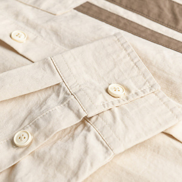 Buddha Stones Fall Lapel Color Contrast Patchwork Design Men's Long Sleeve Cotton Shirt With Pocket - image 7