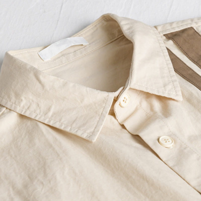 Buddha Stones Fall Lapel Color Contrast Patchwork Design Men's Long Sleeve Cotton Shirt With Pocket - image 3