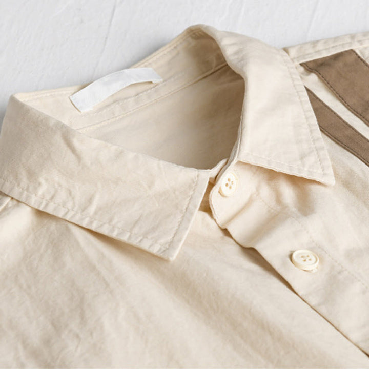 Buddha Stones Fall Lapel Color Contrast Patchwork Design Men's Long Sleeve Cotton Shirt With Pocket - image 3