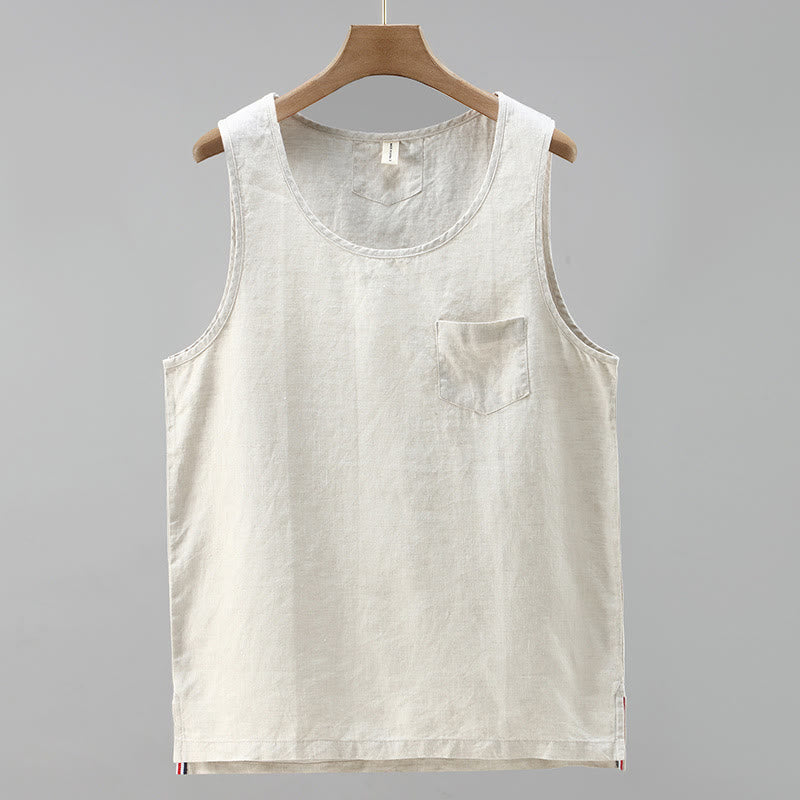 Buddha Stones Summer Solid Color Side Slit Design Sleeveless Men's Linen Vest - Beige - US/UK/AU42,EU52 (3XL) - image 0