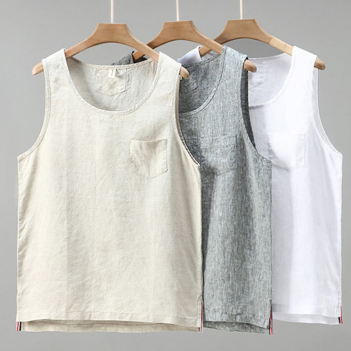 Buddha Stones Summer Solid Color Side Slit Design Sleeveless Men's Linen Vest - image 11