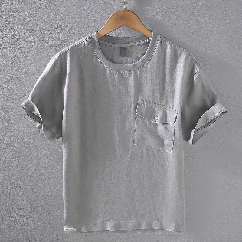 Buddha Stones Crew Neck Simple Design Men's Short Sleeve Linen Shirt With Pocket - DarkGray - US/UK/AU42,EU52 (3XL) - image 1