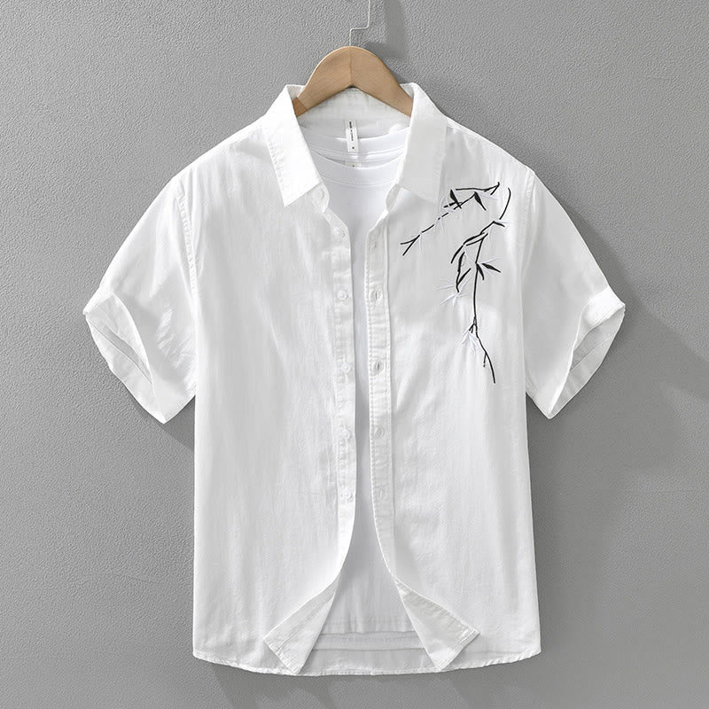 Buddha Stones Artistic Simple Design Embroidery Bamboo Pattern Men's Short Sleeve Cotton Shirt - White - US/UK/AU42,EU52 (3XL) - image 2