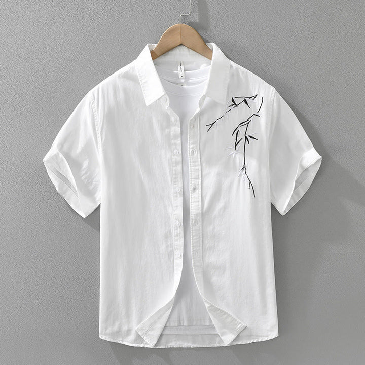 Buddha Stones Artistic Simple Design Embroidery Bamboo Pattern Men's Short Sleeve Cotton Shirt - White - US/UK/AU42,EU52 (3XL) - image 2