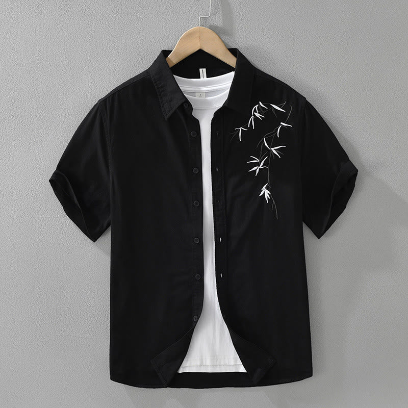 Buddha Stones Artistic Simple Design Embroidery Bamboo Pattern Men's Short Sleeve Cotton Shirt - Black - US/UK/AU42,EU52 (3XL) - image 1
